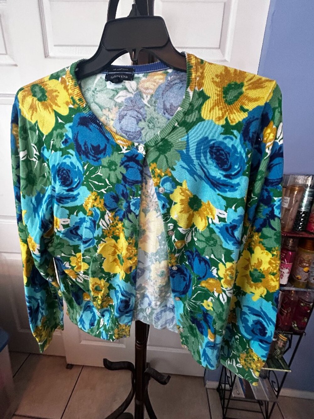 Lands' End Floral Cottagecore Women's XL Blue Yellow Cotton Cardigan
